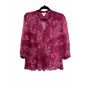 Charter Club Blouse Medium Purple Paisley Boho Sheer Pintuck 3/4 Sleeve Top